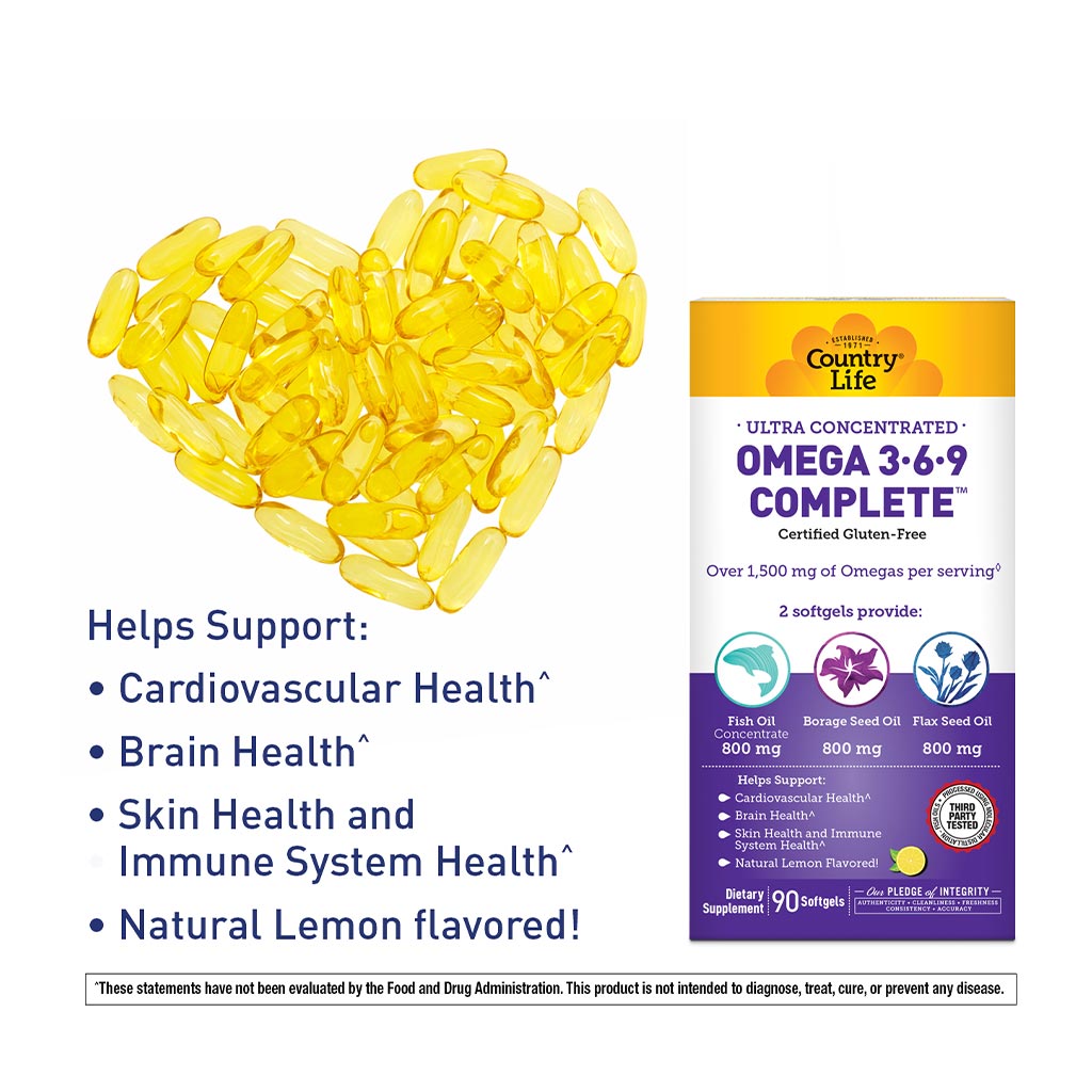 Country Life Complete Omega 3 6 9 Flaxseed Oil, Borage Seed Oil, Fish Oil Supplement Softgels, Pack of 90's - Easy Pharmacy LLC