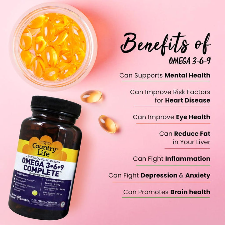 Country Life Complete Omega 3 6 9 Flaxseed Oil, Borage Seed Oil, Fish Oil Supplement Softgels, Pack of 90's - Easy Pharmacy LLC