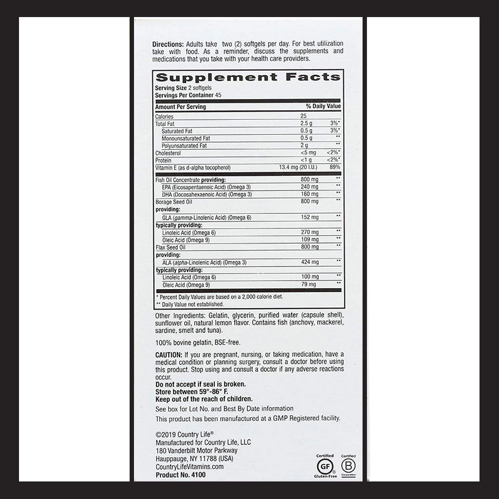 Country Life Complete Omega 3 6 9 Flaxseed Oil, Borage Seed Oil, Fish Oil Supplement Softgels, Pack of 90's - Easy Pharmacy LLC