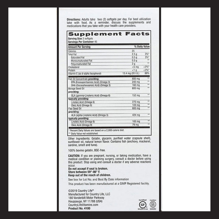 Country Life Complete Omega 3 6 9 Flaxseed Oil, Borage Seed Oil, Fish Oil Supplement Softgels, Pack of 90's - Easy Pharmacy LLC