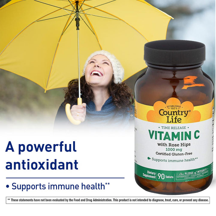 Country Life Antioxidant Vitamin C 1000 mg With Rose Hips Tablets For Immune Support, Pack of 90's - Easy Pharmacy LLC