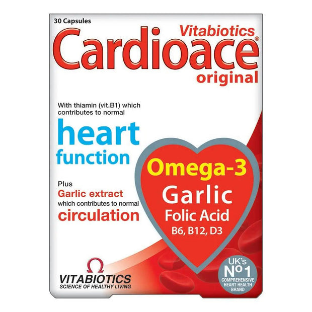 Vitabiotics Cardioace Capsules – Omega‑3, Folic Acid, Thiamin & Garlic, 30 Count