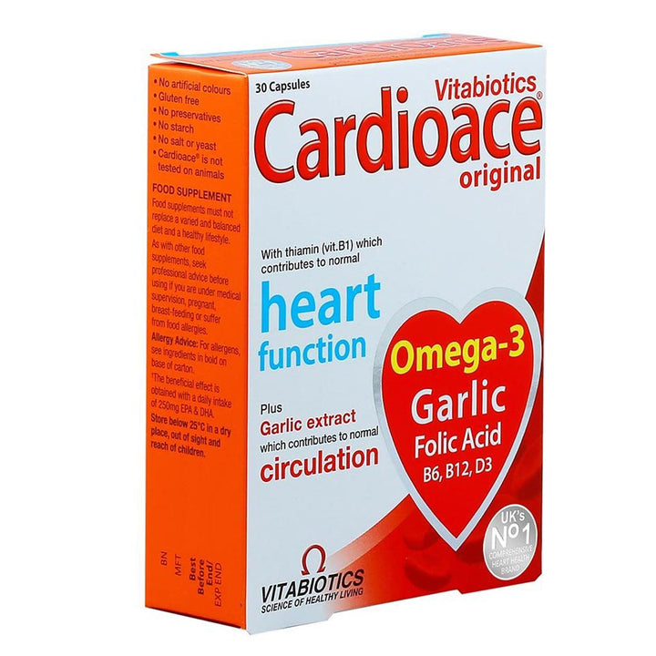 Vitabiotics Cardioace Original Capsules With Omega-3, Folic Acid, Thiamin, & Garlic For Healthy Heart Function, Pack of 30's - Easy Pharmacy LLC