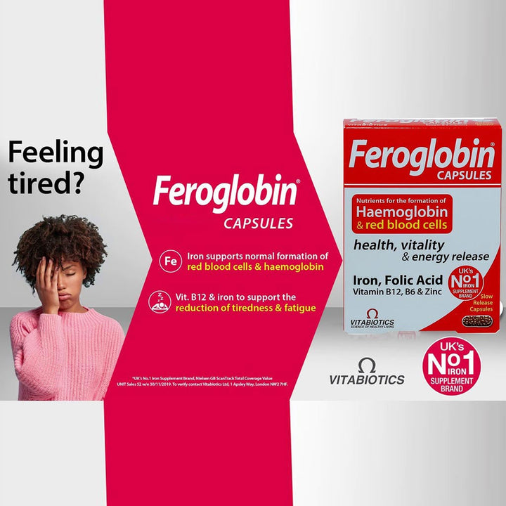 Vitabiotics Feroglobin B12 Capsules With Iron, Folic Acid & Vitamin B12 To Fight Fatigue, Pack of 30's - Easy Pharmacy LLC