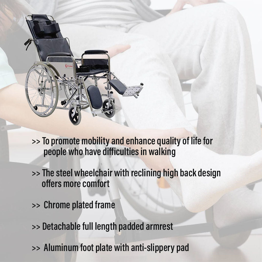 Genemax Reclining Wheelchair With Detachable Full Length Padded Armrest 18 GMP-7F - Easy Pharmacy LLC