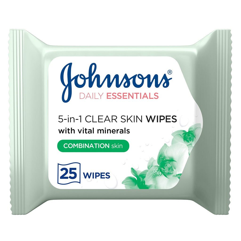 Johnson's Daily Essentials 5-in-1 Clear Skin Cleansing Makeup Remover Wipes For Combination Skin, Pack of 25's - Easy Pharmacy LLC