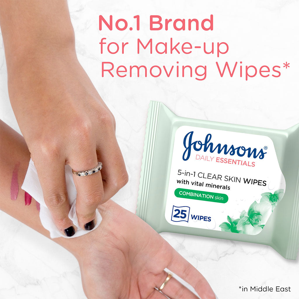 Johnson's Daily Essentials 5-in-1 Clear Skin Cleansing Makeup Remover Wipes For Combination Skin, Pack of 25's - Easy Pharmacy LLC