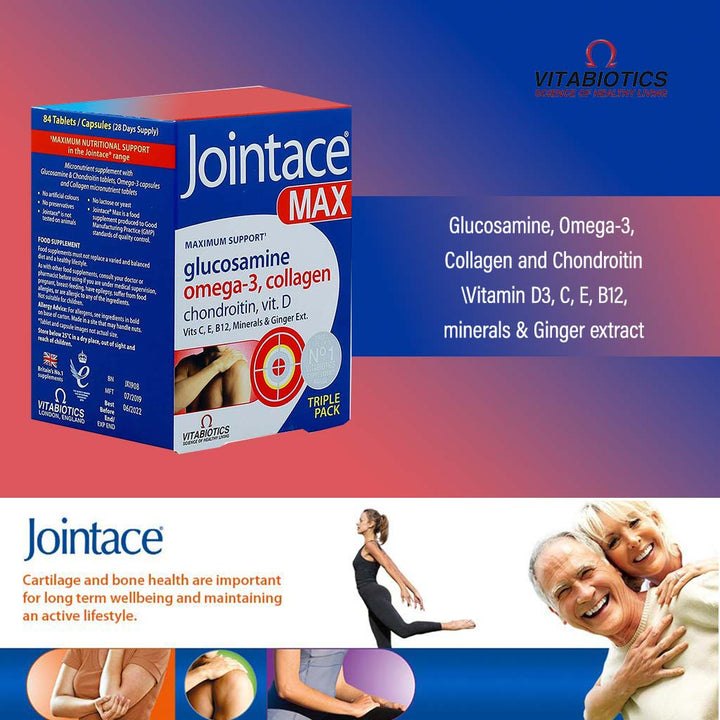 Vitabiotics Jointace Max For Healthy Bone & Cartilage, Triple Pack of Omega-3 Capsules 28's + Glucosamine, Turmeric & Chondroitin Tablets 28's + Collagen Tablets 28's - Easy Pharmacy LLC