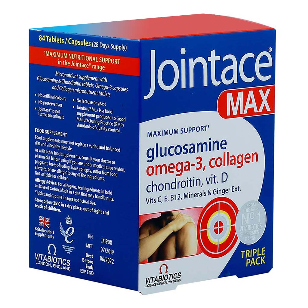 Vitabiotics Jointace Max For Healthy Bone & Cartilage, Triple Pack of Omega-3 Capsules 28's + Glucosamine, Turmeric & Chondroitin Tablets 28's + Collagen Tablets 28's - Easy Pharmacy LLC
