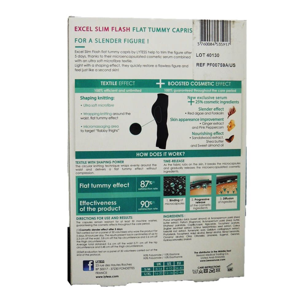 Lytess Excel Slim Flash Flat Tummy Capris Black L/XL PF00759A - Easy Pharmacy LLC