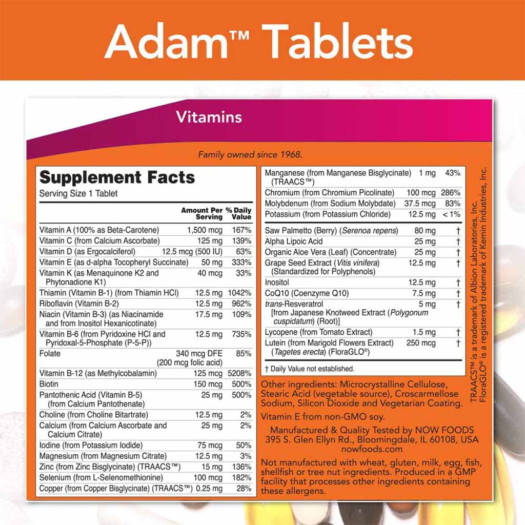 Now Adam Men's Multivitamin Tablets For Overall Wellness, Pack of 60's - Easy Pharmacy LLC