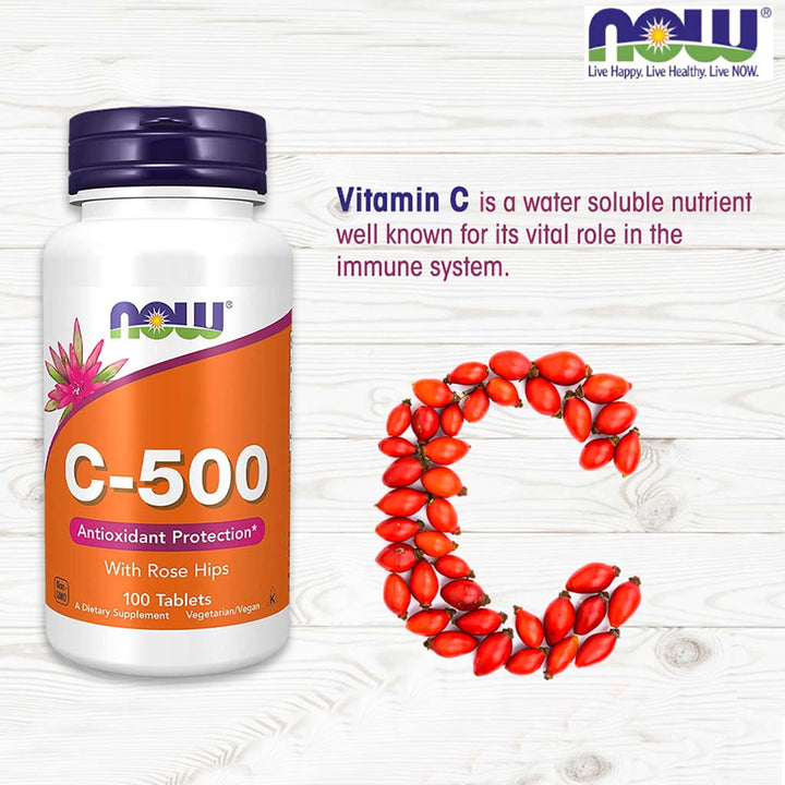Now C-500 Vitamin C With Rose Hips Tablets For Antioxidant Support, Pack of 100's - Easy Pharmacy LLC
