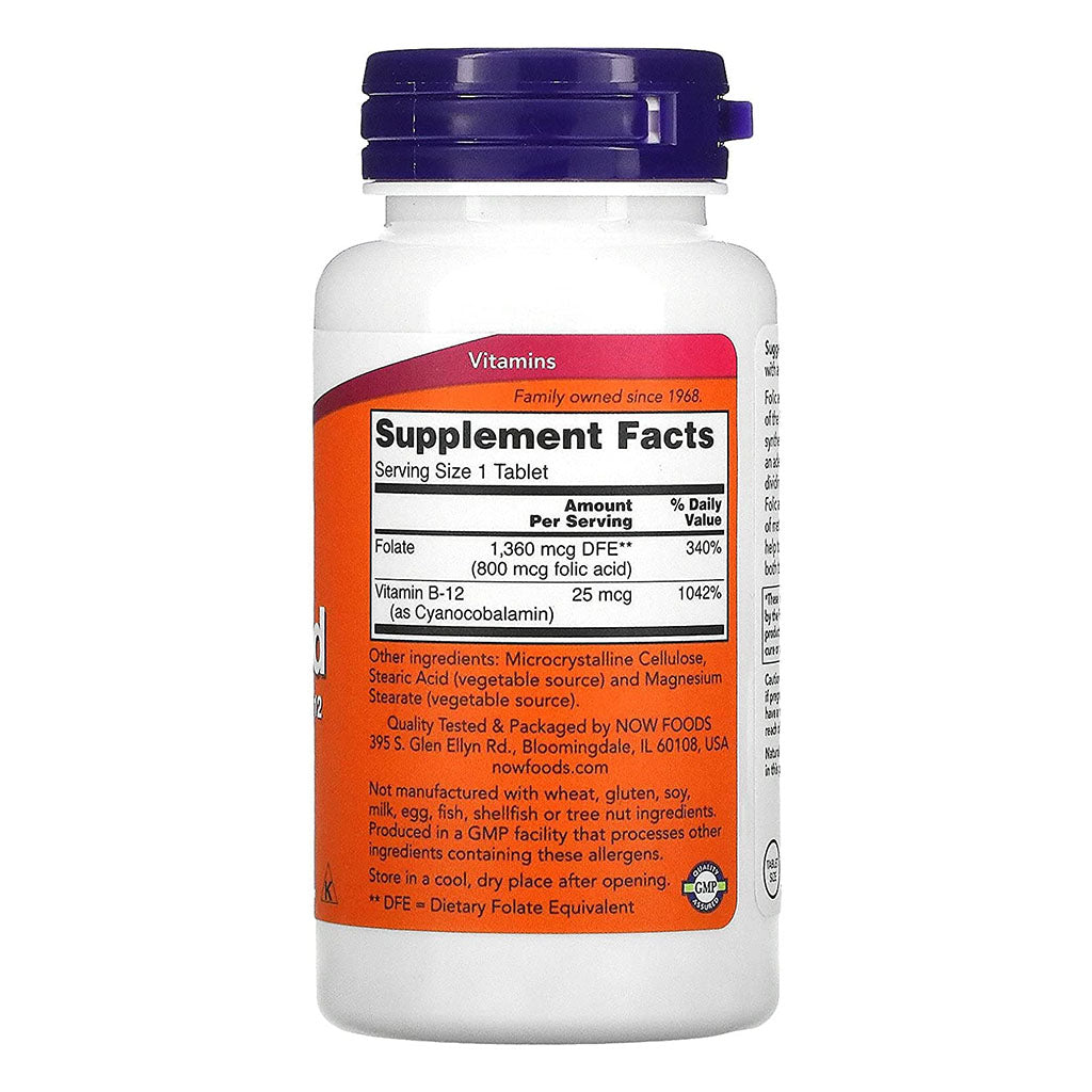 Now Folic Acid 800 mcg with Vitamin B12 Tablets For Healthy Heart, Pack of 250's - Easy Pharmacy LLC