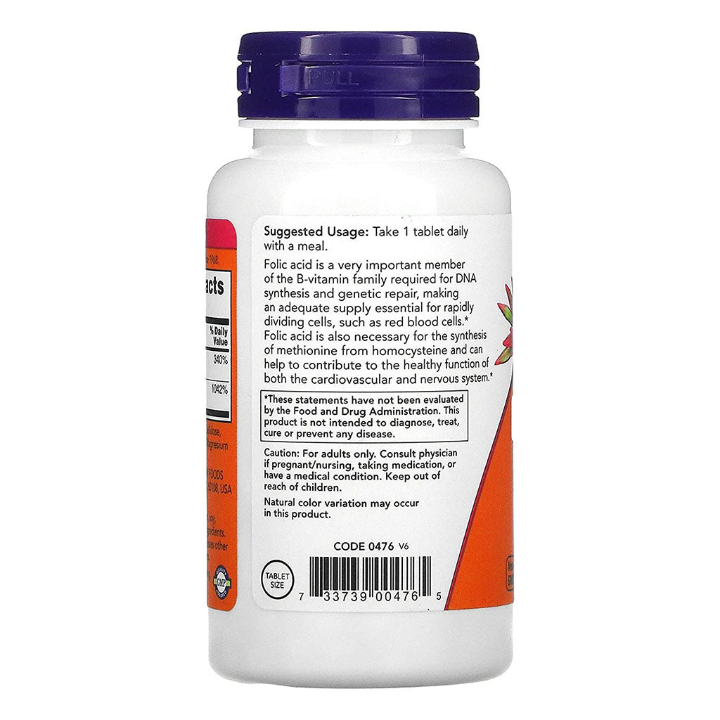 Now Folic Acid 800 mcg with Vitamin B12 Tablets For Healthy Heart, Pack of 250's - Easy Pharmacy LLC