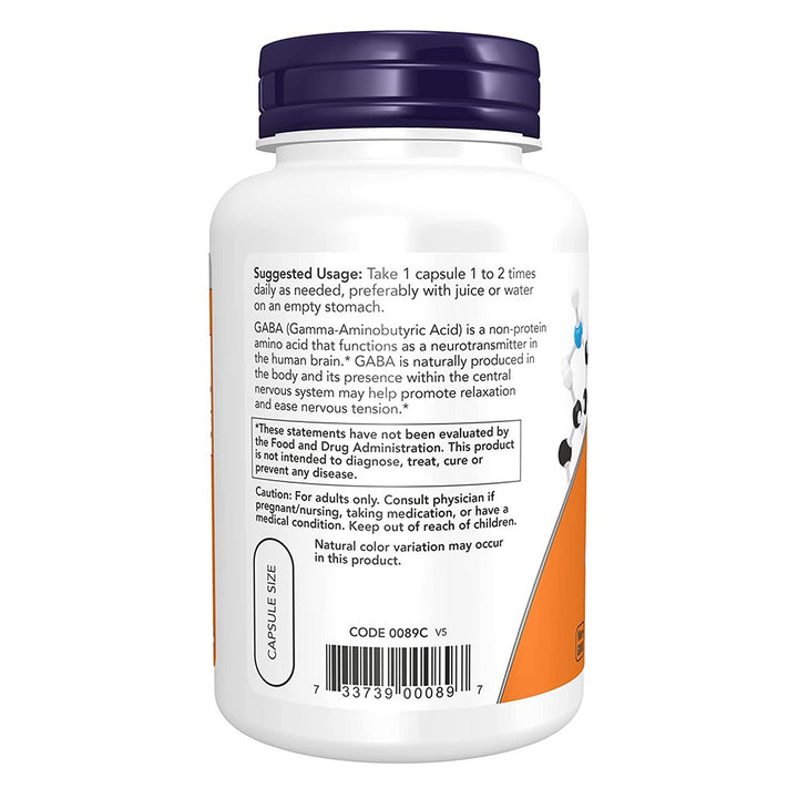 Now GABA 750mg Capsules For Neurotransmitter Support, Pack of 100's - Easy Pharmacy LLC