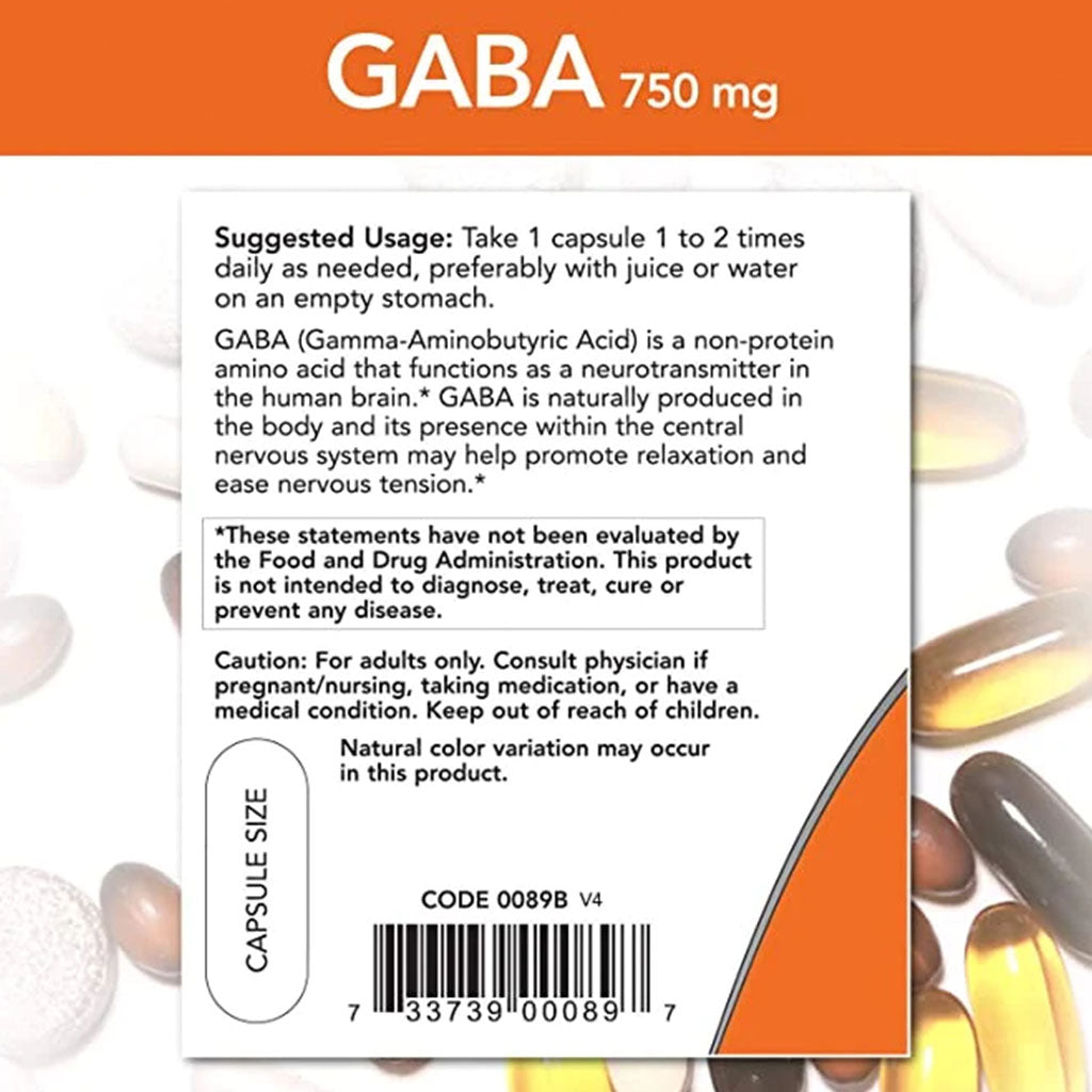 Now GABA 750mg Capsules For Neurotransmitter Support, Pack of 100's - Easy Pharmacy LLC