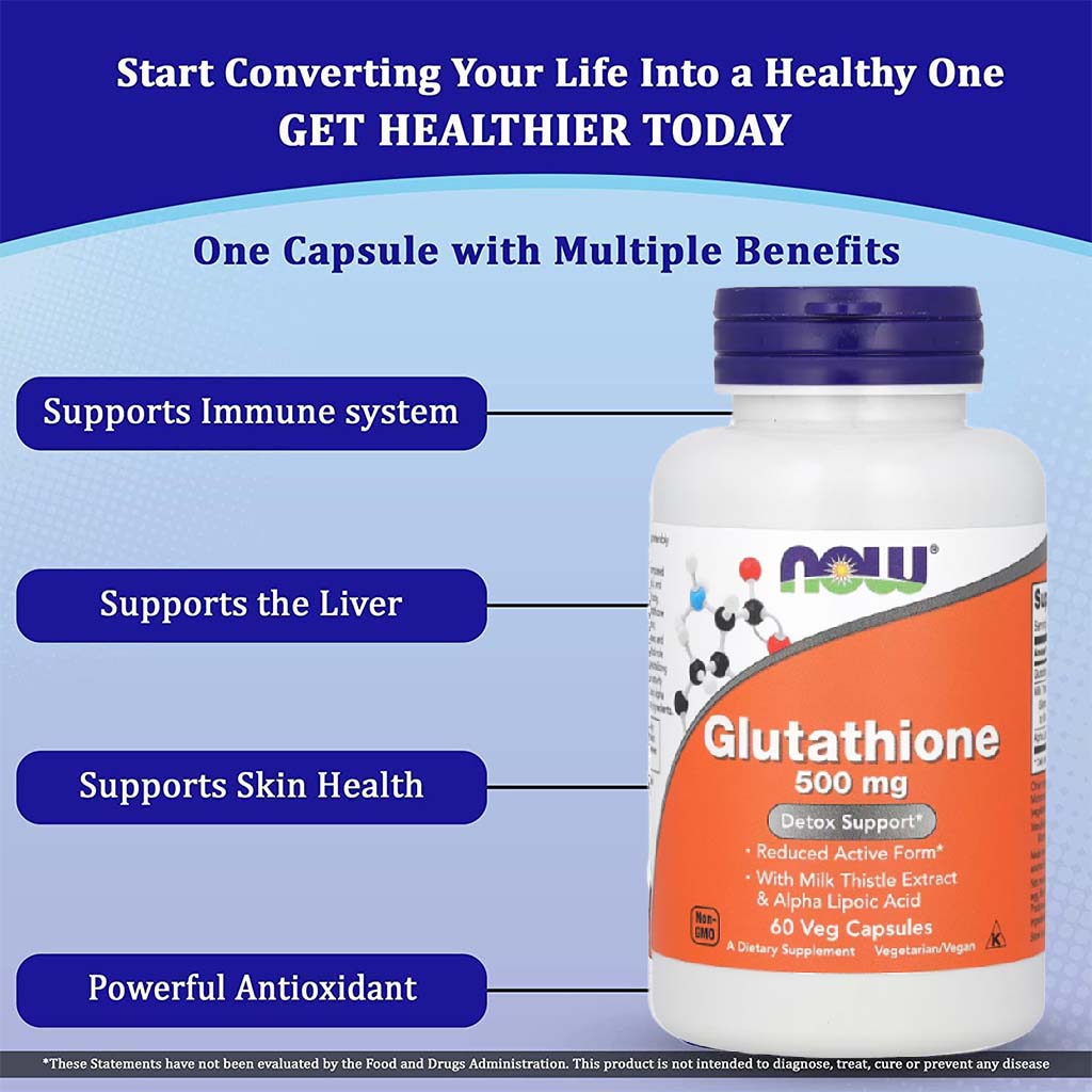 Now Glutathione 500mg Capsules With Milk Thistle Extract & Alpha Lipoic Acid For Antioxidant Support, Pack of 60's - Easy Pharmacy LLC