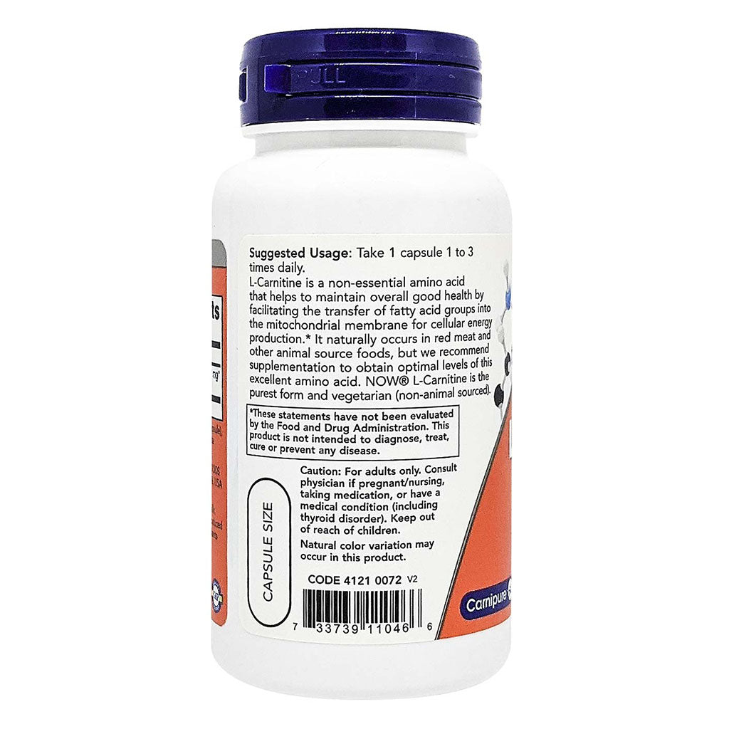 Now L-Carnitine 500mg Vegetarian Capsules For Fitness Support, Pack of 60's - Easy Pharmacy LLC