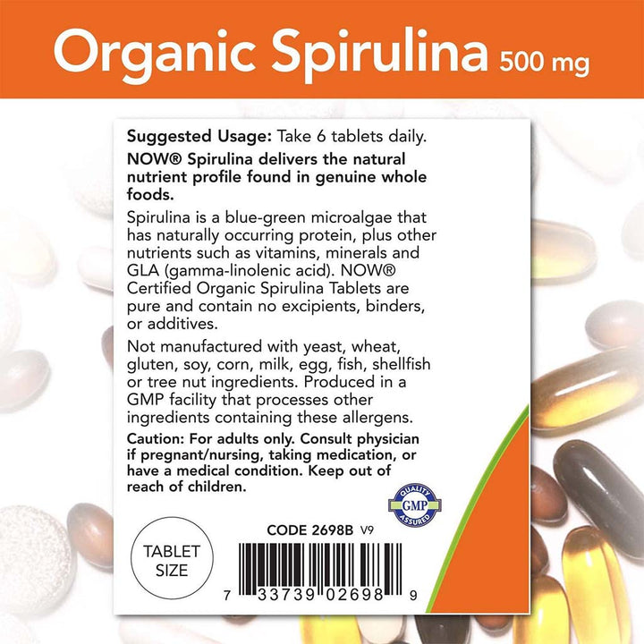Now Organic Spirulina 500mg Antioxidant Tablets For Overall Health & Wellness, Pack of 200's - Easy Pharmacy LLC