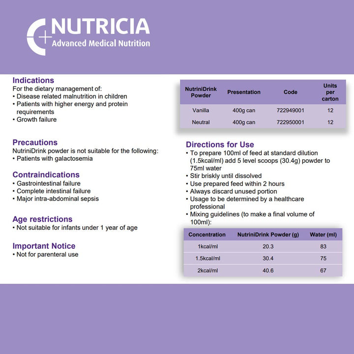 Nutricia NutriniDrink Children's Milk Special Formula For 12+ Months Vanilla Flavour 400g - Easy Pharmacy LLC
