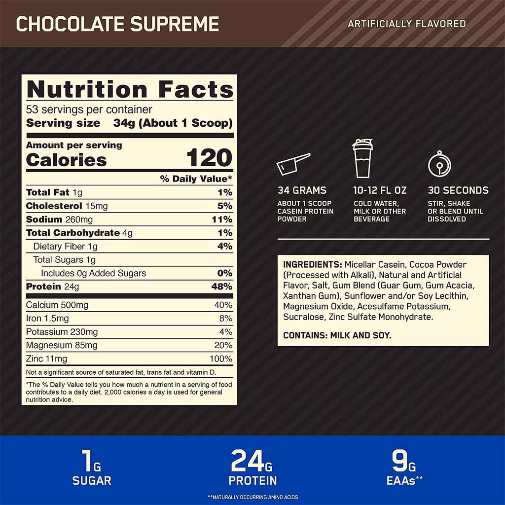 Optimum Nutrition Gold Standard 100% Casein Protein Powder Drink Mix - Chocolate Supreme, 850g - Easy Pharmacy LLC
