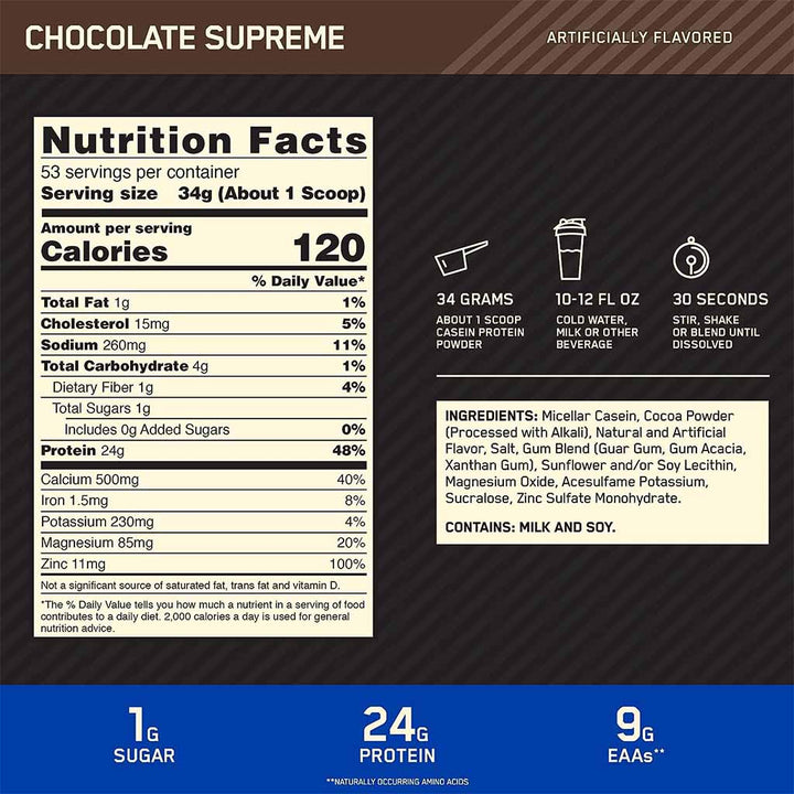 Optimum Nutrition Gold Standard 100% Casein Protein Powder Drink Mix - Chocolate Supreme, 850g - Easy Pharmacy LLC