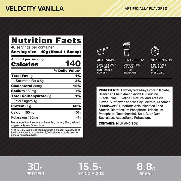 Optimum Nutrition Platinum HydroWhey Velocity Vanilla 3.5lb - Easy Pharmacy LLC
