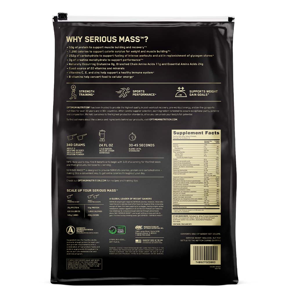 Optimum Nutrition Serious Mass Chocolate Protein Powder 12lb - Easy Pharmacy LLC
