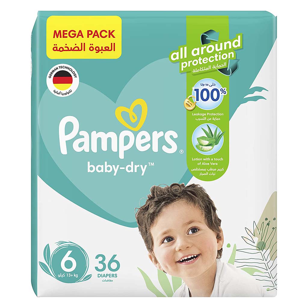 Pampers Baby-Dry Baby Diapers With Aloe Vera, Size 6, 13+Kg, Mega Pack of 36's - Easy Pharmacy LLC