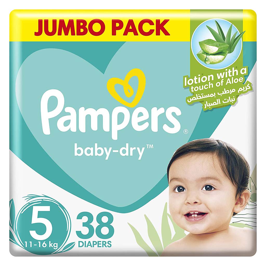 Pampers Baby-Dry Baby Diapers With Aloe Vera, Size 5, 11-16Kg, Jumbo Pack of 38's - Easy Pharmacy LLC