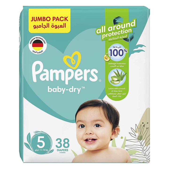 Pampers Baby-Dry Baby Diapers With Aloe Vera, Size 5, 11-16Kg, Jumbo Pack of 38's - Easy Pharmacy LLC