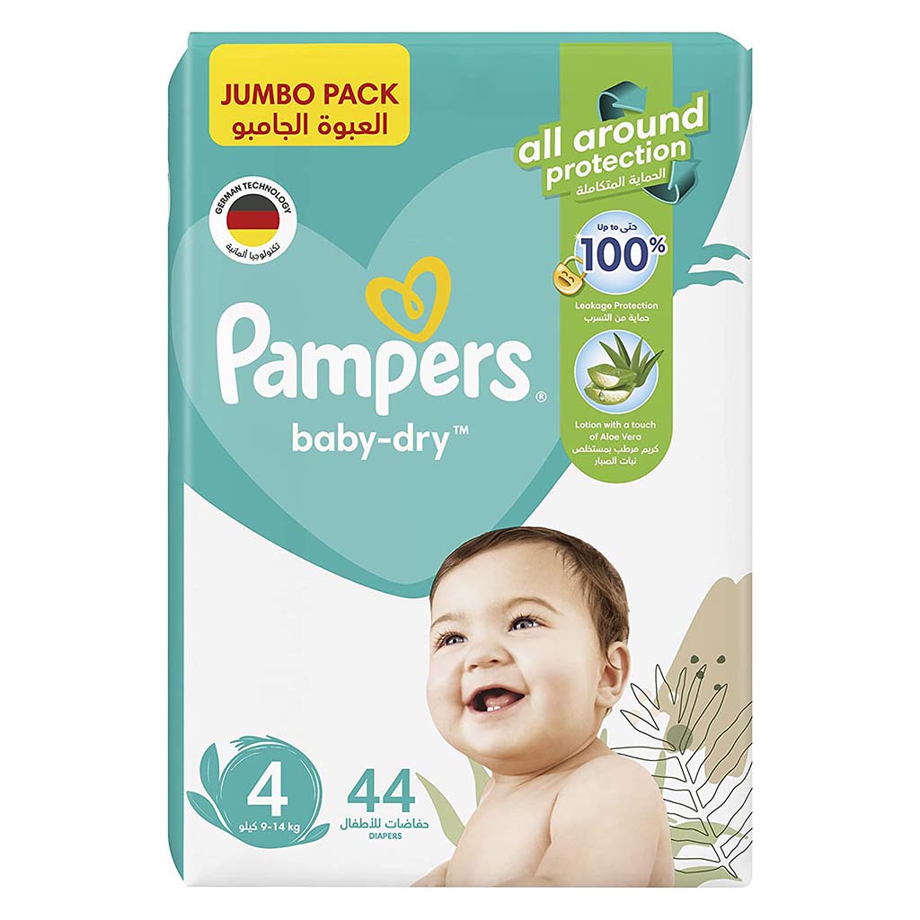 Pampers Baby-Dry Baby Diapers With Aloe Vera, Size 4, 9-14Kg, Jumbo Pack of 44's - Easy Pharmacy LLC