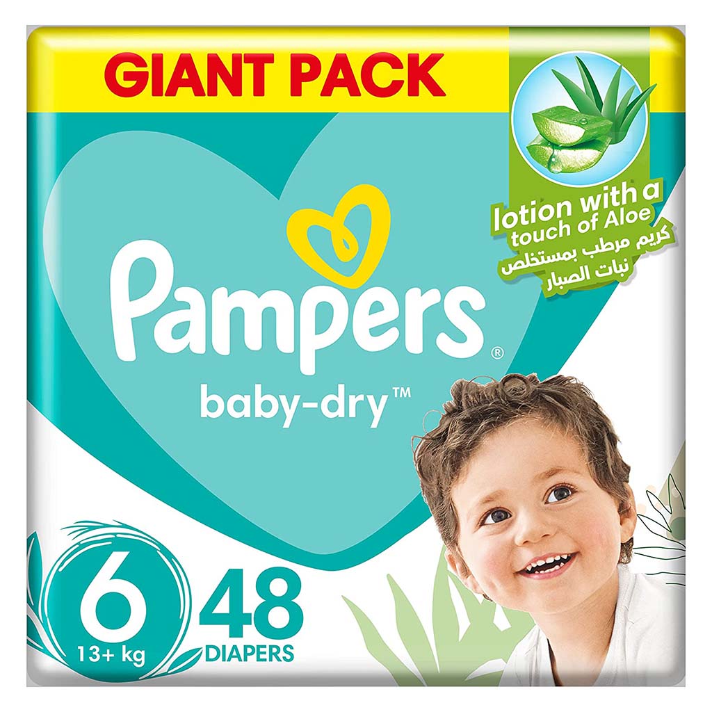 Pampers Baby-Dry Baby Diapers With Aloe Vera, Size 6, 13+Kg, Giant Pack of 48's - Easy Pharmacy LLC