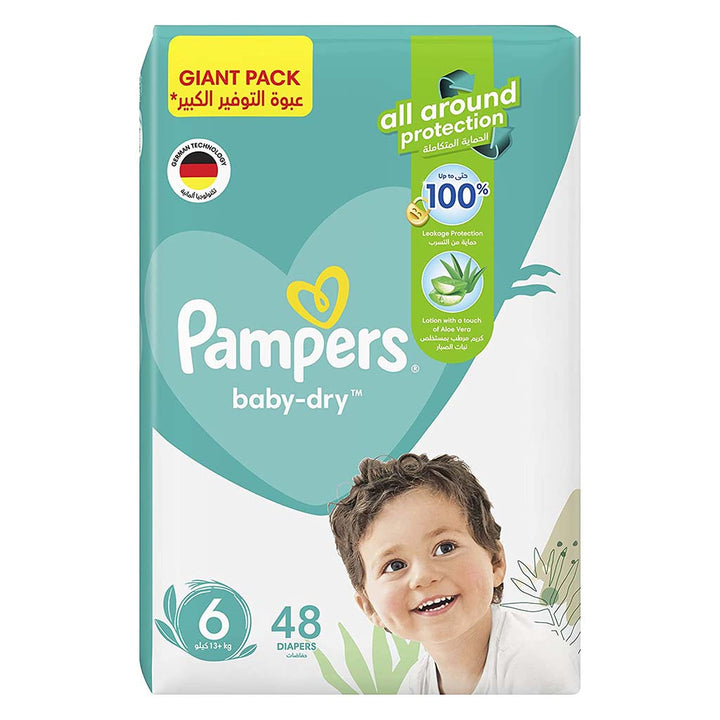 Pampers Baby-Dry Baby Diapers With Aloe Vera, Size 6, 13+Kg, Giant Pack of 48's - Easy Pharmacy LLC