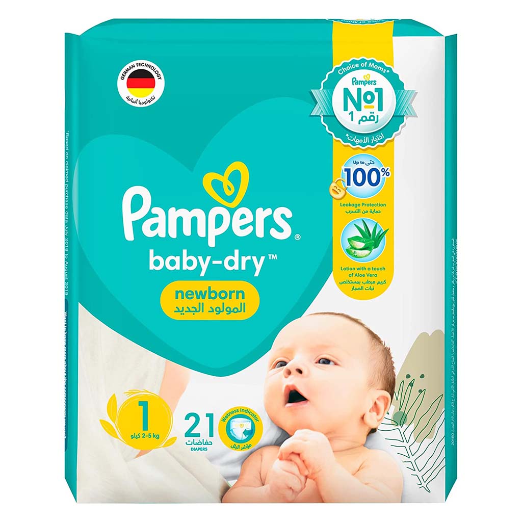 Pampers Baby-Dry Newborn Diapers With Aloe Vera, Size 1, 2-5Kg, Pack of 21's - Easy Pharmacy LLC