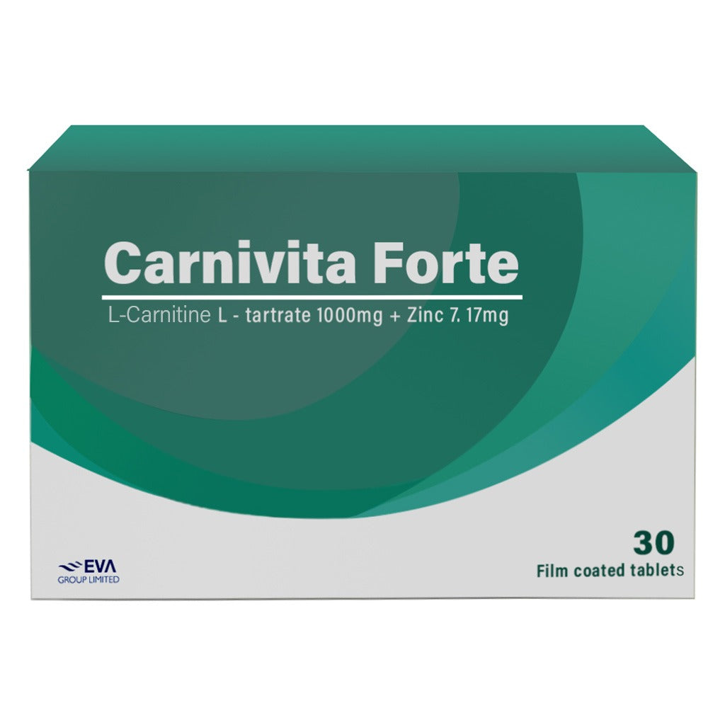 Eva Pharma Carnivita Forte L-Carnitine L-tartrate 1000mg, Zinc 7.17mg Film Coated Tablets, Pack of 30's - Easy Pharmacy LLC