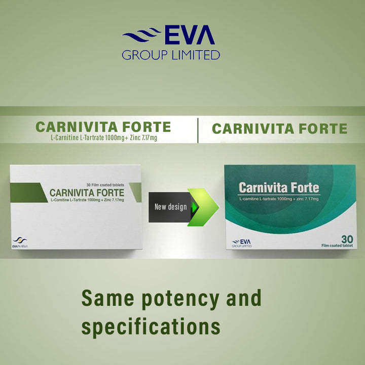 Eva Pharma Carnivita Forte L-Carnitine L-tartrate 1000mg, Zinc 7.17mg Film Coated Tablets, Pack of 30's - Easy Pharmacy LLC