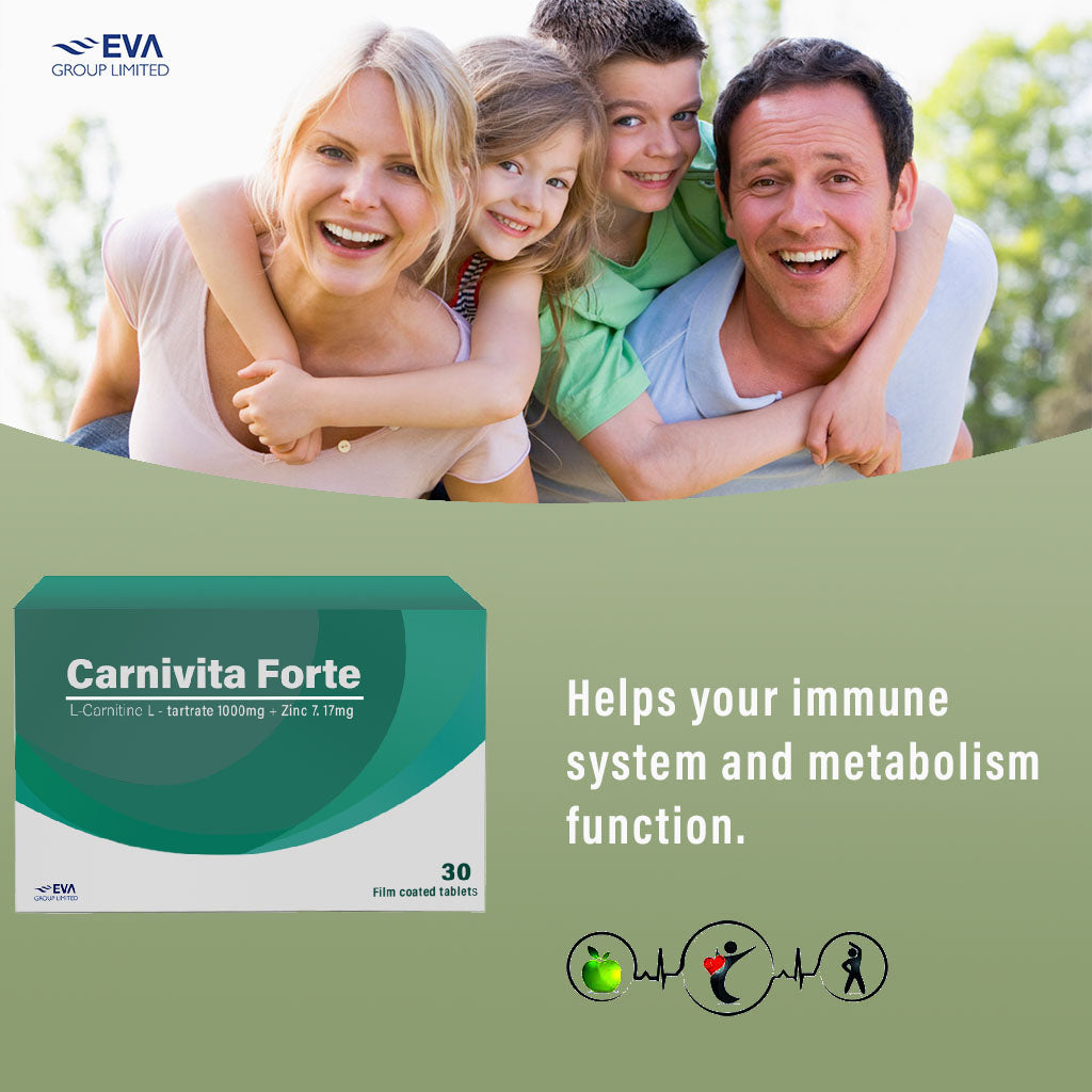 Eva Pharma Carnivita Forte L-Carnitine L-tartrate 1000mg, Zinc 7.17mg Film Coated Tablets, Pack of 30's - Easy Pharmacy LLC