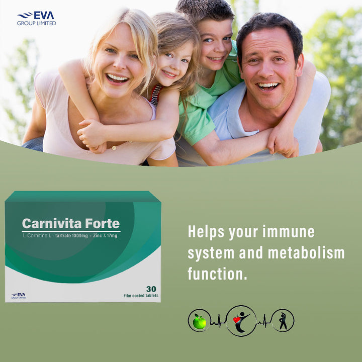 Eva Pharma Carnivita Forte L-Carnitine L-tartrate 1000mg, Zinc 7.17mg Film Coated Tablets, Pack of 30's - Easy Pharmacy LLC