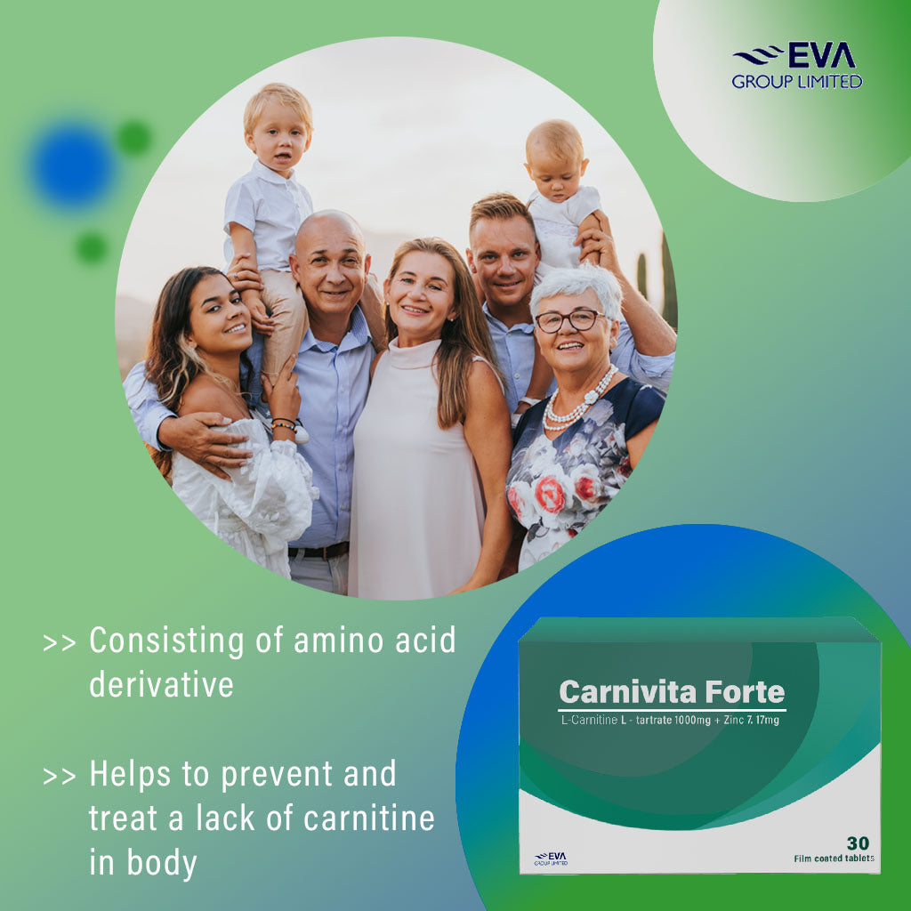 Eva Pharma Carnivita Forte L-Carnitine L-tartrate 1000mg, Zinc 7.17mg Film Coated Tablets, Pack of 30's - Easy Pharmacy LLC