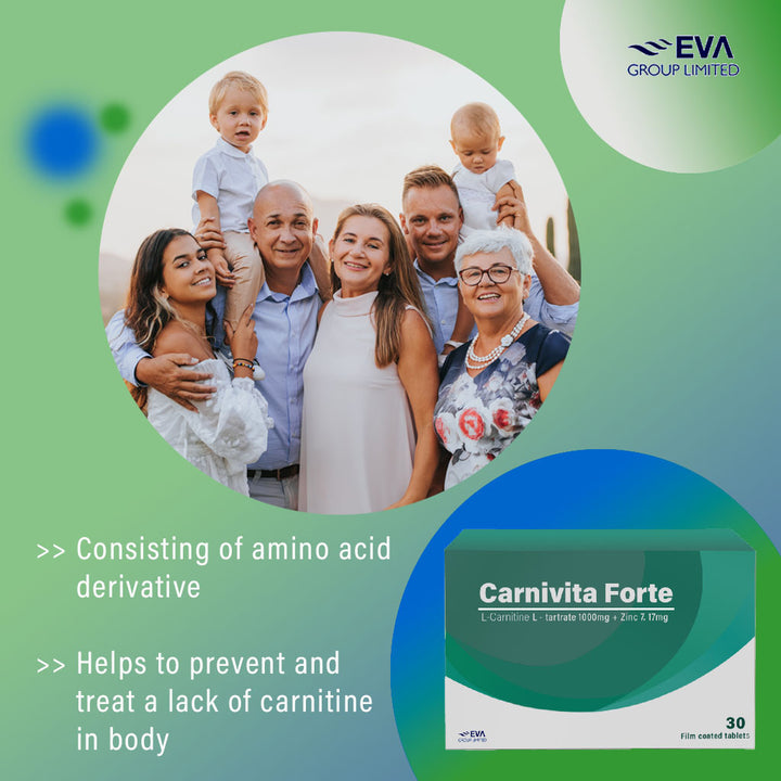 Eva Pharma Carnivita Forte L-Carnitine L-tartrate 1000mg, Zinc 7.17mg Film Coated Tablets, Pack of 30's - Easy Pharmacy LLC