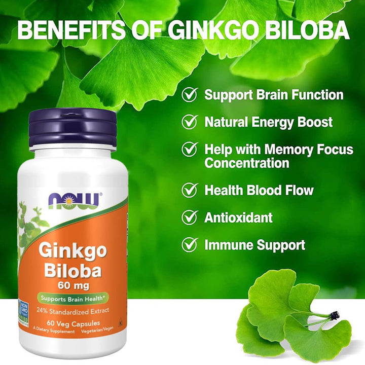 Now Ginkgo Biloba 60mg Vegetarian Capsules For Brain Health, Pack of 60's - Easy Pharmacy LLC