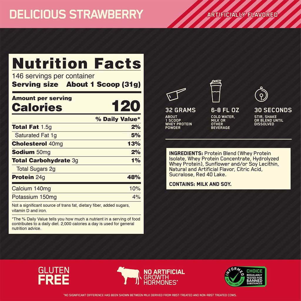 Optimum Nutrition Gold Standard 100% Whey Protein Powder Drink Mix Delicious Strawberry 10lb - Easy Pharmacy LLC