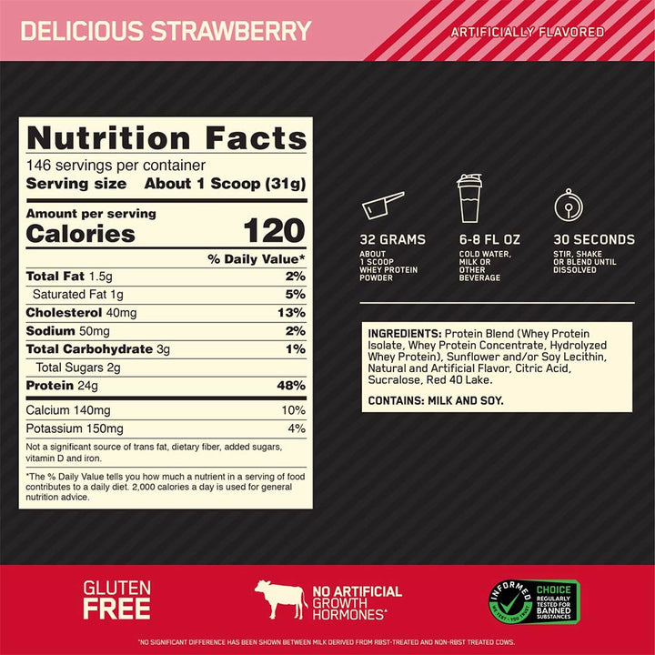 Optimum Nutrition Gold Standard 100% Whey Protein Powder Drink Mix Delicious Strawberry 10lb - Easy Pharmacy LLC
