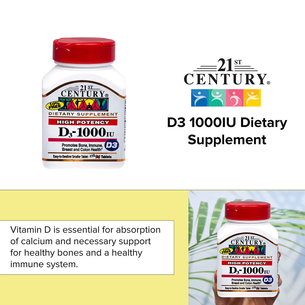 21st Century High Potency Vitamin D3-1000IU Tablets For Bone & Immune Health, Pack of 110's - Easy Pharmacy LLC