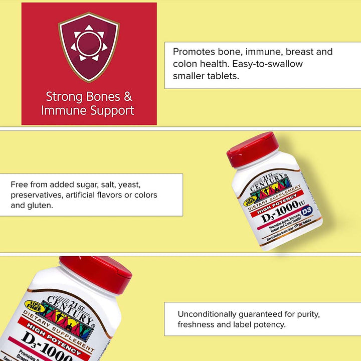 21st Century High Potency Vitamin D3-1000IU Tablets For Bone & Immune Health, Pack of 110's - Easy Pharmacy LLC