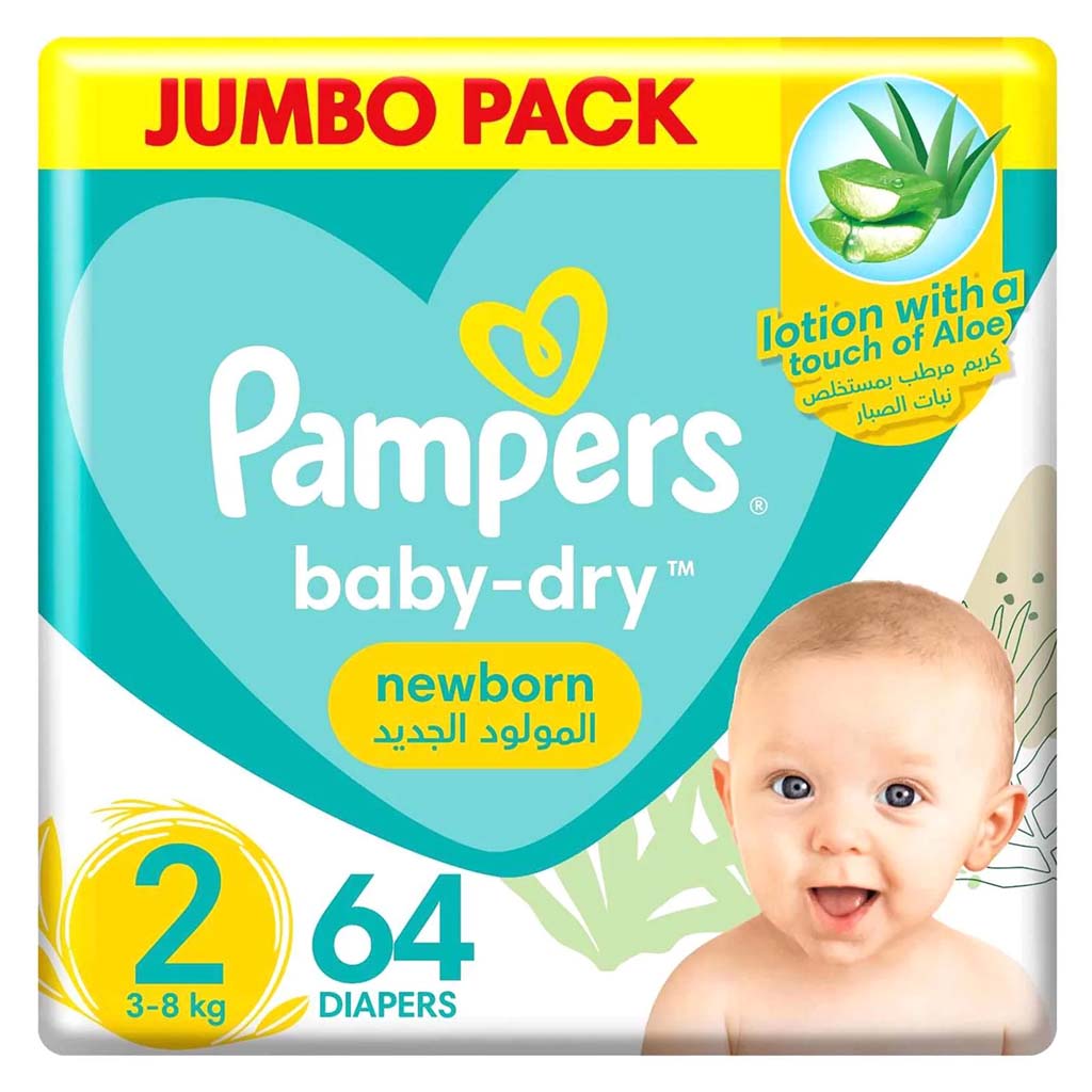 Pampers Baby-Dry Newborn Diapers With Aloe Vera, Size 2, 3-8Kg, Jumbo Pack of 64's - Easy Pharmacy LLC