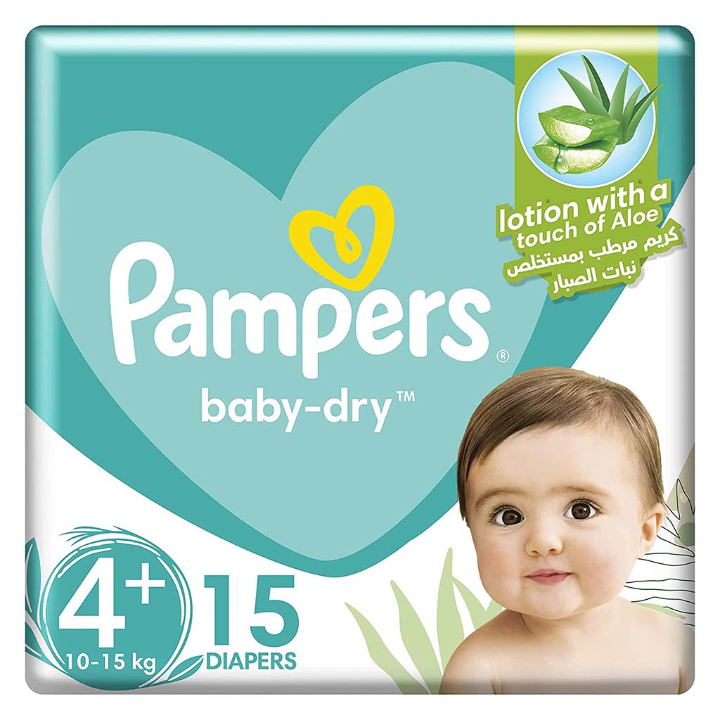 Pampers Baby-Dry Baby Diapers With Aloe Vera, Size 4+, 10-15Kg, Pack of 15's - Easy Pharmacy LLC