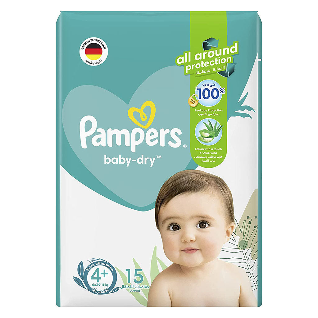 Pampers Baby-Dry Baby Diapers With Aloe Vera, Size 4+, 10-15Kg, Pack of 15's - Easy Pharmacy LLC