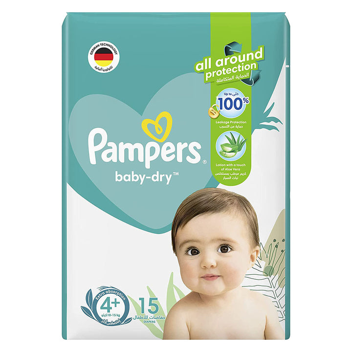 Pampers Baby-Dry Baby Diapers With Aloe Vera, Size 4+, 10-15Kg, Pack of 15's - Easy Pharmacy LLC
